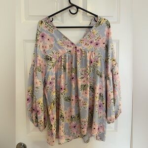 Light Blue Floral V-Neck Women’s Blouse